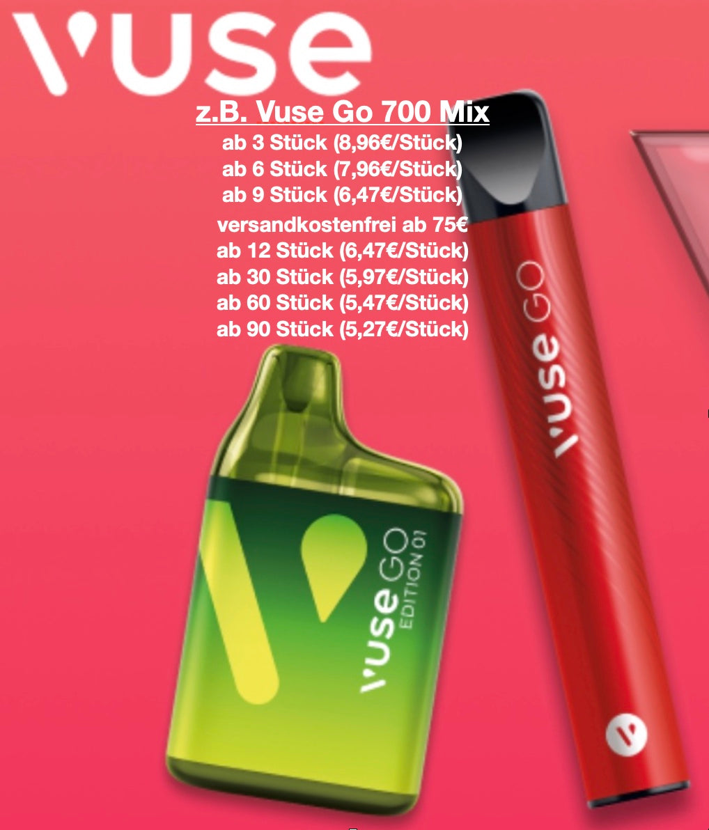 Vuse GO Einweg E-Zigaretten ab 5,27€/Vuse GO 700, ab 5,80€/Vuse GO 800 (Mengenrabatt an der Kasse)